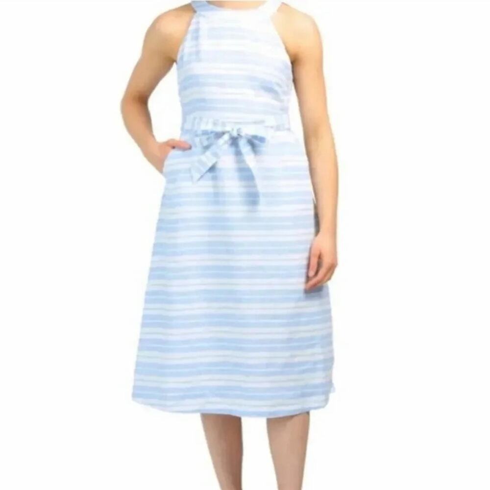 Sigrid Olsen Linen Striped Blue and White Sleeveless Dress